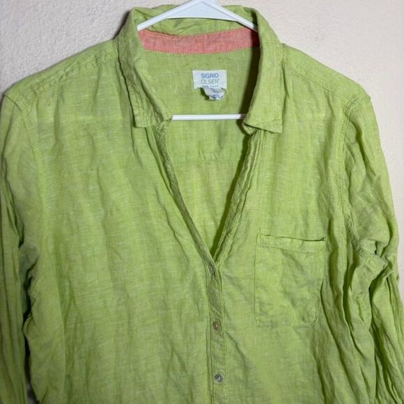 Sigrid Olsen Blouse Women's Large Green 100% Linen Button Up Long Sleeve Top - Picture 3 of 7